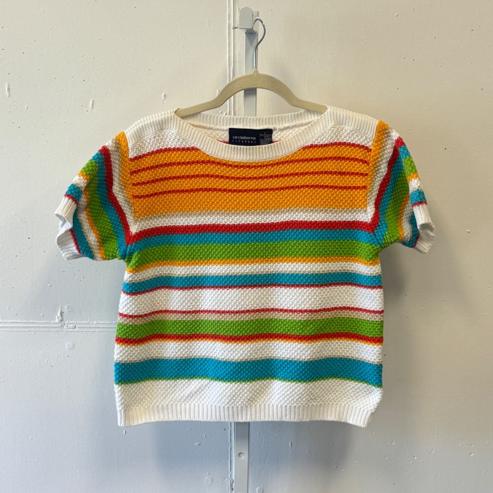 Liz Claiborne Lizsport Large Striped Cotton Knit Short Sleeve Sweater Tee Multi